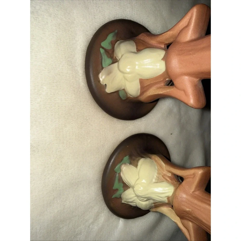Vintage Roseville Art Pottery pair brown Candle Holders Clematis